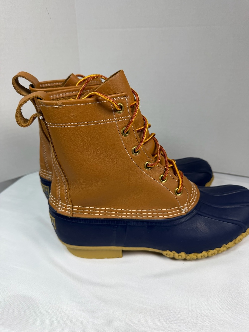 LL Bean Boots Tan Leather Navy Rubber Duck Boot Outdoors Size 9M See Note - Picture 5 of 11